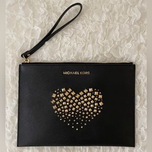 Michael Kors Clutch Wristlet Studded Heart Black Saffiano Bag